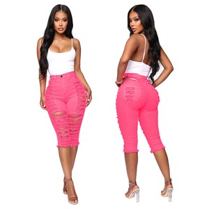 Jeans a Vita Alta Rosa al Ginocchio, <span class=keywords><strong>Skinny</strong></span> Strappati, <span class=keywords><strong>Pantaloni</strong></span> a Sigaretta in Denim - Product Image 2