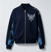 Blouson Bomber Zippé Vintage Épais avec Broderie Motif Aile, Teinture Tie-Dye et Empiècements, Style Streetwear Oriental Décontracté