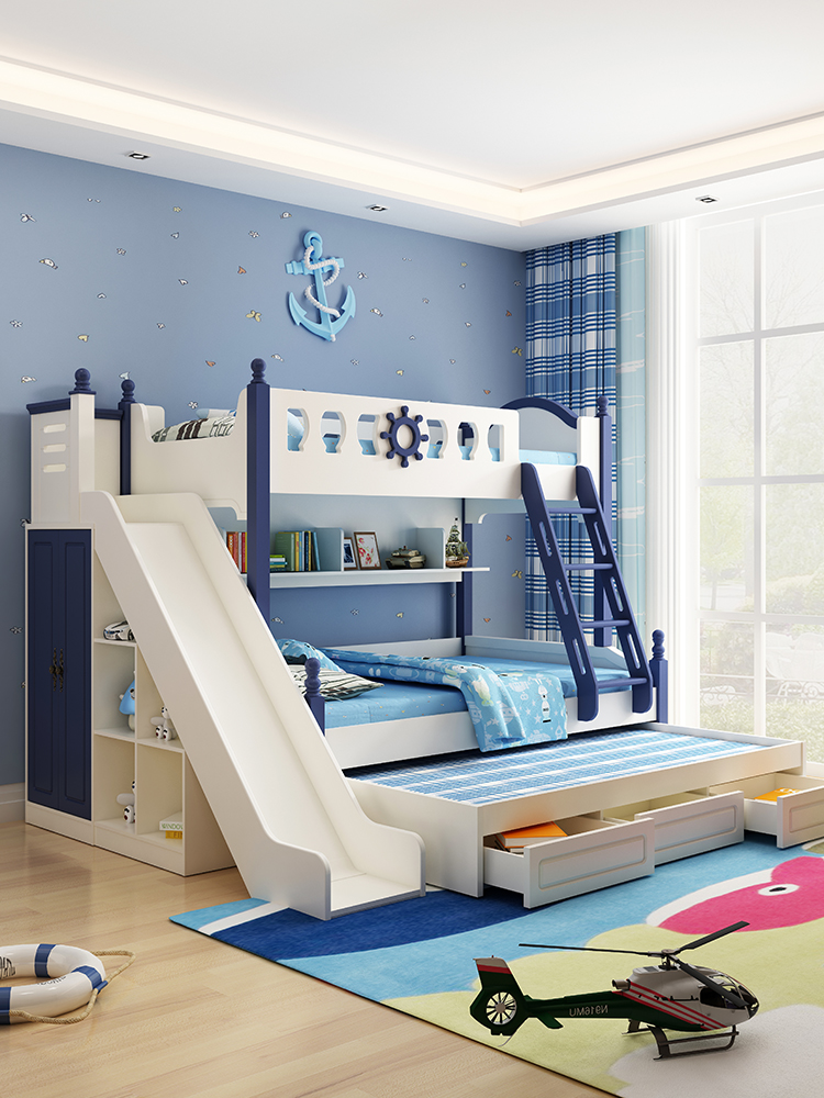 Cheap popular pine white blue color wooden kid's children bunk bed bunkbed