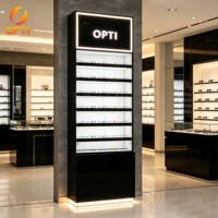 Vitrine d'exposition murale LED personnalisée avec éclairage optique, verrouillable, en verre, pour lunettes, pour magasin de vente au détail d'optique