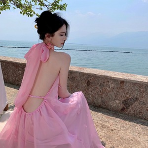 Vestido de Novia Rosa Etéreo y Magnífico para Boda o Compromiso, Estilo Francés de Alta Gama, con Espalda Descubierta y Cuello Halter - Product Image 3