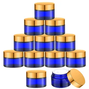 Pots à crème en verre bleu Cobalt, 30ml, 1oz, avec revêtement UV, verre en plastique or, produit direct, vente en gros