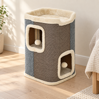 Lit pour chat d'intérieur rectangulaire moderne en peluche, avec double grotte, griffoir, jouets suspendus et lit surélevé