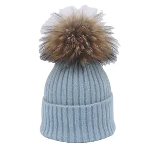 Raccoon fur Pom poms Beanie Hats Winter 2020 Trendy Girls Knitted Beanie Wholesale Custom Real Raccoon Fur Pom ball Hat