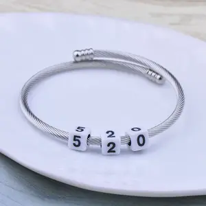 Stainless Steel Women Adjustable Silver Charm Beads DIY Cable Wire Bangle Removable Ends Twisted Wire Bracelet