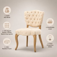Chaise de salle à manger vintage française en bois de frêne massif, capitonnée en lin, confortable pour la maison, la salle à manger ou les projets hôteliers