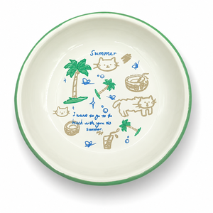 Assiette creuse Senny 21 cm à parois épaisses en émail, bord roulé, motif chat estival, bordure verte, pour pâtes et salades, vente en gros usine - Product Image 2