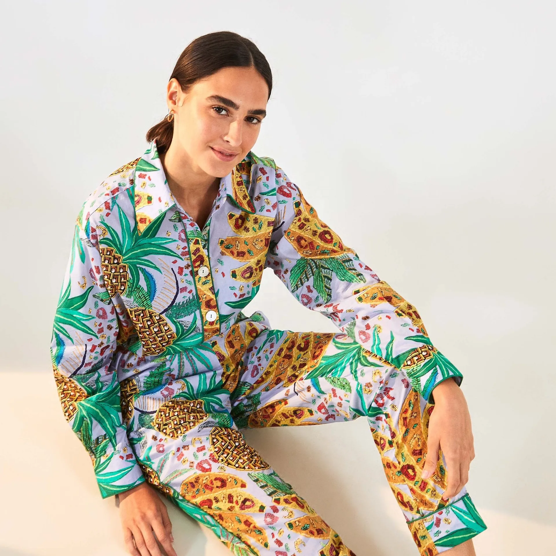 Custom Patroonontwerp Fruitprint Modale Tweedelige Set Pyjama Met Lange Mouwen Slaapkleding Op Maat Gemaakte 2024 Pyjama 'S Voor Dames