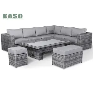 4 Delige Moderne Luxe Dineren Metalen Aluminium Rieten Touw Ratan Sofa Tuinset Met Vuurplaats Buiten Rotan Patio Meubelset