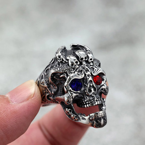 Retro Stainless Steel Men's <b>Skull</b> <b>Ring</b> With Red And Blue Gemstones Punk Style Jewelry Gift - Product Image 3