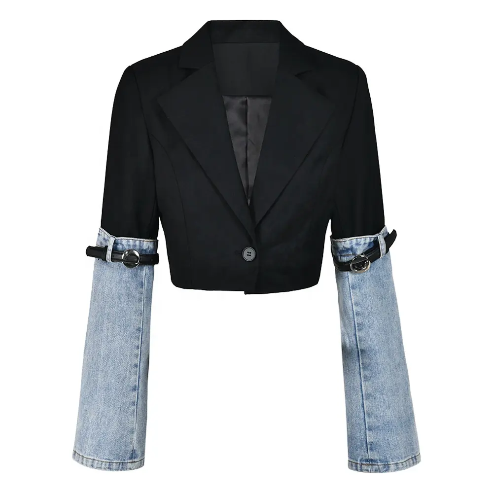 OULAIYADI New Fashion Autumn Cuff Belt Casual Short Top Jackets Blazer Patchwork Denim Women Crop Jacket