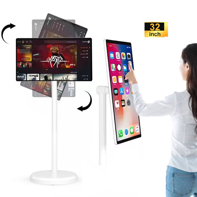 32 Inch White Portable Floor Standing Android Smart TV 360 Degree Rotatable 10 Point Touch Screen Commercial Digital Signage