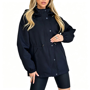 <strong>Women</strong> Casual Solid Hooded Drawstring Waist Waterproof Windbreaker Jacket Outdoor Loose Long Sleeve <strong>Lightweight</strong> <strong>Coat</strong> - Product Image 3