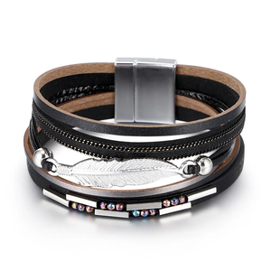 New Fashion Leaf <span class=keywords><strong>Feather</strong></span> <span class=keywords><strong>Charm</strong></span> Mehr schicht iges PU-Leder armband Damen legierung schmuck - Product Image 5