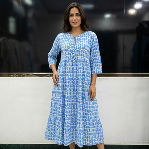 Blue Buta Printed Midi <b>Dress</b> With Keyhole Neck And Tassel <b>Loose</b> Fit Casual Summer Woven Cotton <b>Dress</b> - Product Image 1