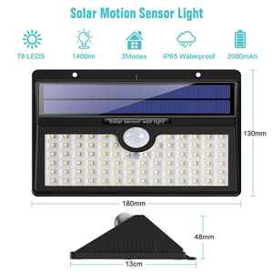 ไฟสวนพลังงานแสงอาทิตย์ 78LED พร้อมเซ็นเซอร์ตรวจจับความเคลื่อนไหว สำหรับภายนอกอาคาร กันน้ำระดับ IP65 ติดผนัง ไฟเซ็นเซอร์พลังงานแสงอาทิตย์ ไฟติดผนัง LED - Product Image 2