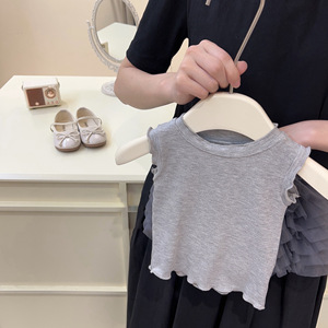 Tongxingyuan Girls Tutu Skirt Set Gray Solid Color Cotton Summer Outfit For Kids - Product Image 3