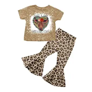 Roupas infantis atacado menina, roupas com estampa de vaca design de leopardo grão calça fundo de sino vestuário para crianças