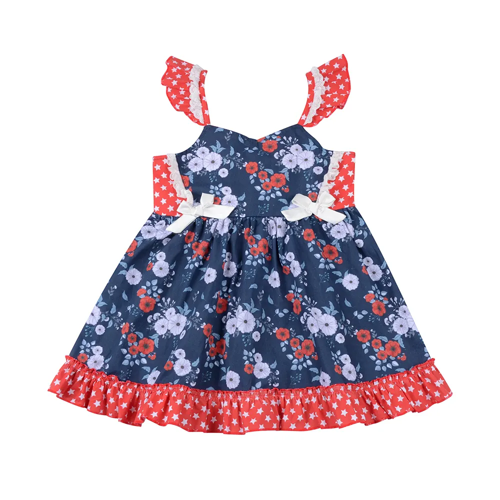 Hot Sale Summer Sweet Kids Wear Floral Print July 4th Sleeveless Sundress with Bows Baby Girl Dress