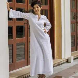 Femmes Dubai Marocain Long Blanc Coton Lin Kaftan Robes Maxi Caftan Doublé de Poches Loose Summer Dress For Women Kaftan