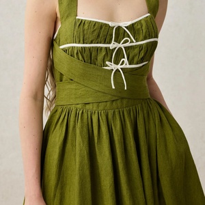 Vestido de Playa con Cinturón, Sin Mangas, Cuello con Lazo, Elegante Vestido Midi de Lino, Vestido Casual de Verano para Mujer, Precio al por Mayor - Product Image 3