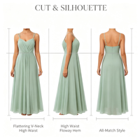 Robe longue trapèze en mousseline tissée vert sauge pour femme avec bretelles spaghetti, col en V et plis – Robe de soirée formelle d'été ODM