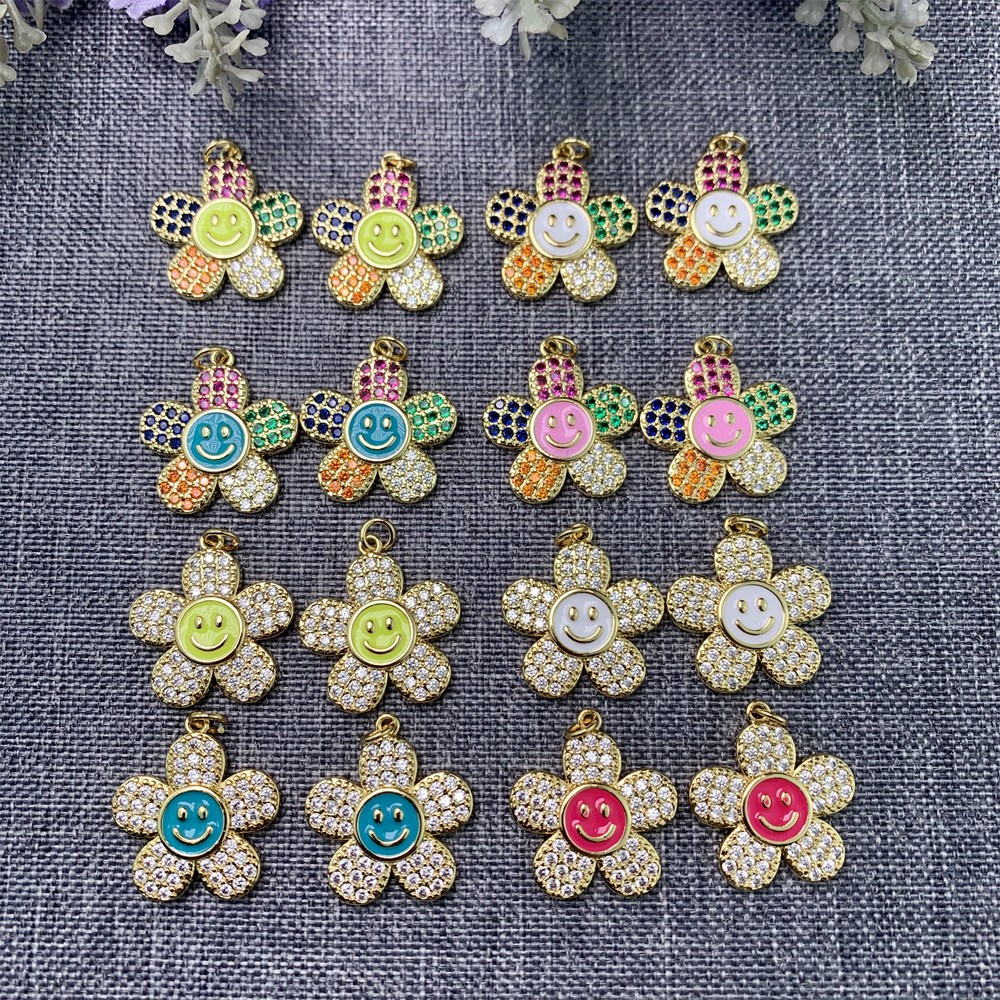 LS-A3670 New 2021 Crystal Zircon Daisy Flower Necklace for Girl Enamel Rainbow Sunflower Smiley Fashion Necklace Women Jewelry