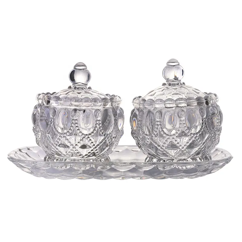 2Pcs de lujo decorativo de caramelo de vidrio olla azúcar Mini Snack Jar Set de té de boda con cristal tapa para regalo