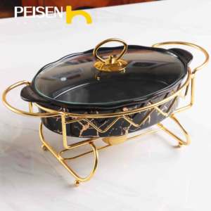 Nouvelle casserole en céramique ovale dorée de style européen avec support en fer Pot à soupe élégant pour buffet - Product Image 3