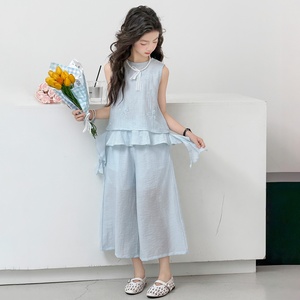 Ensemble élégant brodé sans manches avec pantalon large pour <span class=keywords><strong>grande</strong></span> fille – <span class=keywords><strong>Tenue</strong></span> décontractée estivale pour l'école et le quotidien - Product Image 1