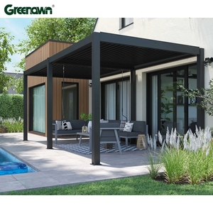 Pergola en aluminium personnalisable de 6 m x 4 m avec côtés <span class=keywords><strong>et</strong></span> toit électriques, structure thermolaquée, type bois naturel traité sous pression - Product Image 1