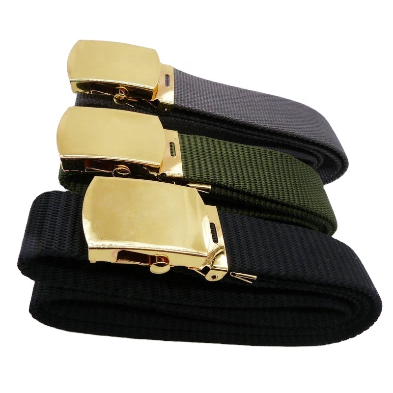 Custom Embossed LOGO Gold Copper Buckle Army Green Nylon Polyester Polyamide Tactical Webbing Belt