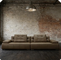 Ensemble de canapés sectionnels carrés convertibles minimalistes en cuir véritable, lignes élégantes, s'adaptent parfaitement aux maisons et villas modernes de luxe léger
