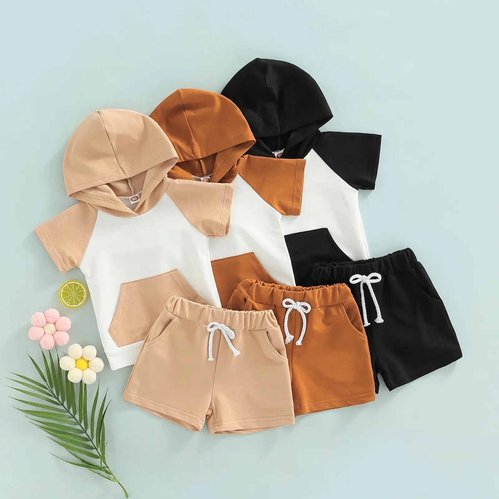 4083 Buatan Logo Kustom Butik Perancang Busana Korea Bayi Laki-laki Hoodie Katun Celana Pendek Setelan Pakaian Anak-anak 2 Potong Set Pakaian