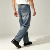Jeans coupe large pour homme, bleu, denim délavé vintage, jambe ample, coutures apparentes, genoux délavés, pantalon décontracté, OEM, personnalisé, vente en gros, en vrac