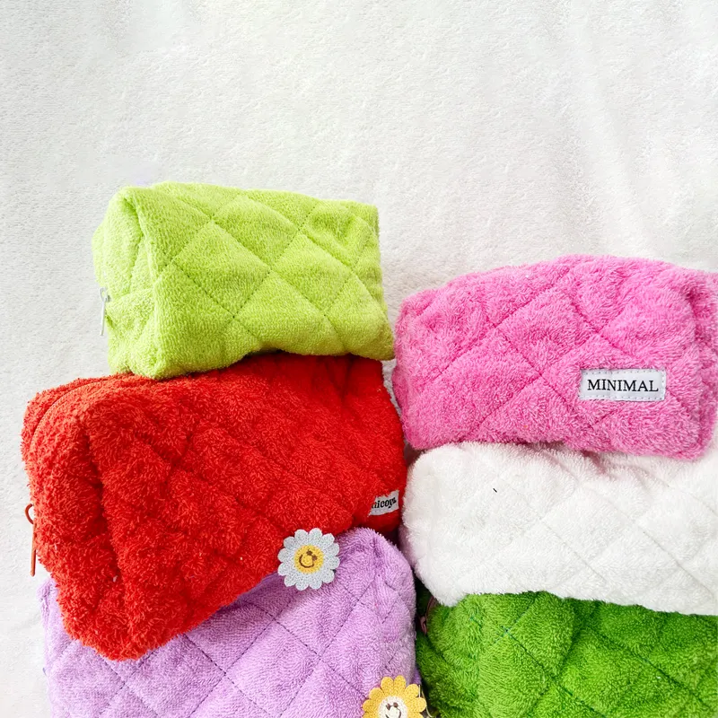 2023 Promotional Women Pink Quilted Embroidery Stitch Towel Terry Cloth Cosmetic Pouch Bag