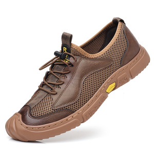 Men's Breathable Mesh <b>Sneakers</b> Soft <b>Leather</b> Low Heel Rubber Outsole Leisure Walking Shoes - Product Image 5