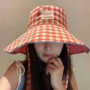 Chapeau bob à large bord à carreaux de style coréen pour femmes, protection solaire, chapeau de pêcheur d'été, rouge, rose, vert, bleu, noir, en toile - Product Image 3