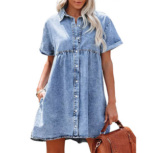 Envío Gratis Nuevo Diseño de Moda para el Mercado Estadounidense 2022 Vestido Casual de Verano 100% Algodón Denim Natural Tejido Sólido hasta la Rodilla Corte en A - Product Image 5