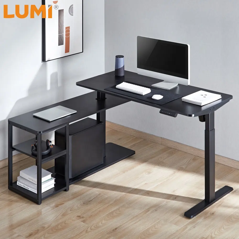 Wholesale OEM ODM Single Motor Home Office Sit Stand L Shaped Electric Height Adjustable Standing Desk with Storage Shelf