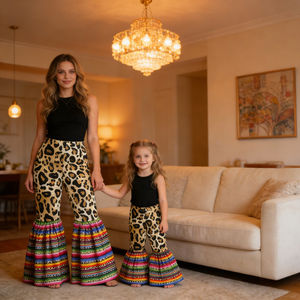 กางเกงขาบานลายเสือดาวแบบเซราเป้สำหรับแม่และลูกสาว ชุดเข้าชุดสำหรับผู้ใหญ่และเด็ก ชุดคู่แม่ลูก - Product Image 5