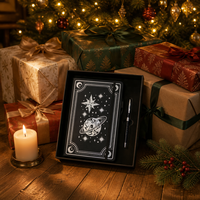 Coffret Cadeau Carnet A5 Rigide de Noël de Haute Qualité avec Stylo, Planète Saturne, Dorure Argentée, Couverture Noire