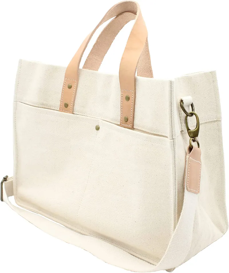 Durable Leather Handle Natural Beige Cotton Canvas Shopping Tote Bag With Crossbody Strap Multiple Pockets
