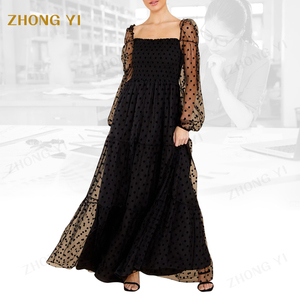 Ropa de fábrica al por mayor de las mujeres de gasa de malla encantador negro de lunares de impresión de <span class=keywords><strong>manga</strong></span> larga elegante Casual Maxi vestidos - Product Image 3