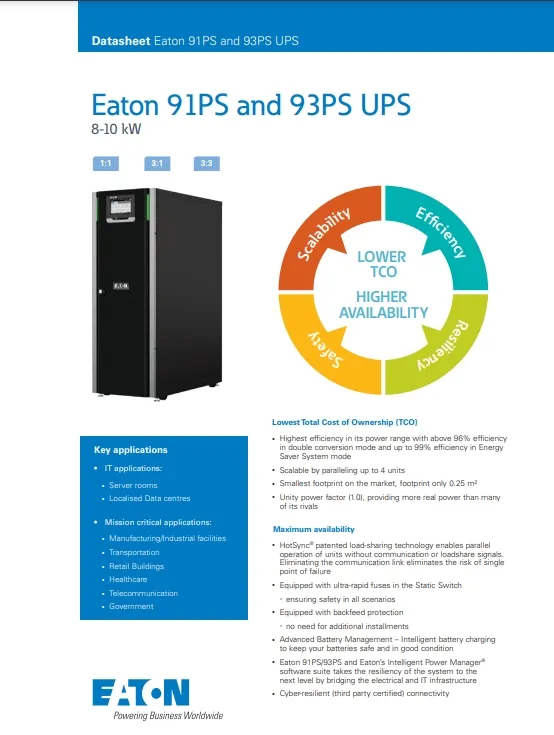 Eaton UPS 93PS-10-0-MBS-C 10KW 380Vバイパス起動付き内部バッテリーなし、10KVA UPS Eaton 9XPS、Eaton Online UPS 10KVA