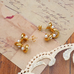 Geometric Pearl C-Shaped <b>Stud</b> Earrings Gold 18K Wrapped <b>Titanium</b> Steel Everyday Wear - Product Image 1