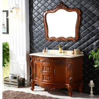 Meuble de salle de bain sur pied en bois massif de style européen avec vasque en céramique, miroir intelligent et motifs sculptés, taille personnalisable