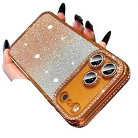 Protection d'objectif avancée en TPU antichoc avec cadre en strass pour 17 Pro Max, dégradé orange, pailleté et électroplaqué