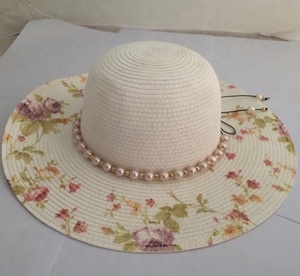 Chapeau <span class=keywords><strong>Capeline</strong></span> en Paille de Papier pour <span class=keywords><strong>Femme</strong></span>, Imprimé Floral, avec Chaîne de Perles Souple, Circonférence Réglable, Design Élégant - Product Image 1