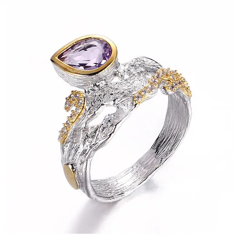 Retro Handgemachte Weiße Gold Überzog Amethyst Naturstein 925 Sterling Silber Ring